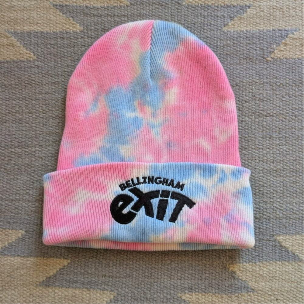 Tie Dye Beanie Pink Blue Cotton Knit Festival Hat Embroidered Exit Bellingham